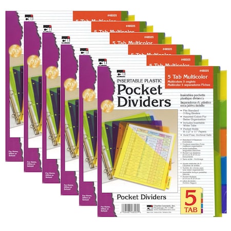 Charles Leonard Index Dividers with Pockets, 5-Tab, Assorted Colors, 5-Tab Set, PK6 48505ST